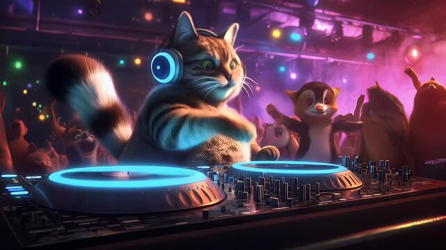 A cool DJ cat wearing headphones mixes beats at a neon nightclub with a lively crowd. Perfect for EDM, nightlife, music festivals, and animated entertainment visuals