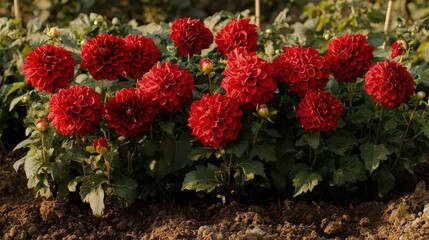 A vibrant bunch of red flowers flourishing in a beautifully landscaped garden setting