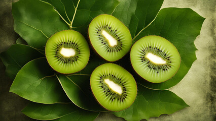 A rustic arrangement featuring fresh kiwi and green foliage on the table. This top-down perspective highlights the fruits and provides ample space for text