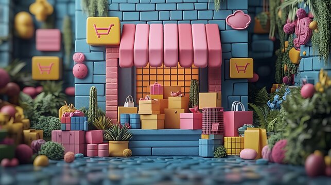 Modern e commerce platform with floating delivery symbols and shopping elements