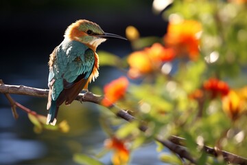 A Bird in Flight: A vibrant blue-green bee-eater perches on a branch, its feathers glistening in the warm sun.
