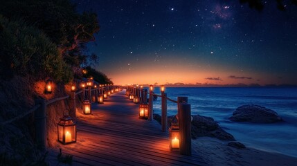 Fototapeta premium Romantic beach boardwalk at night, lanterns, stars