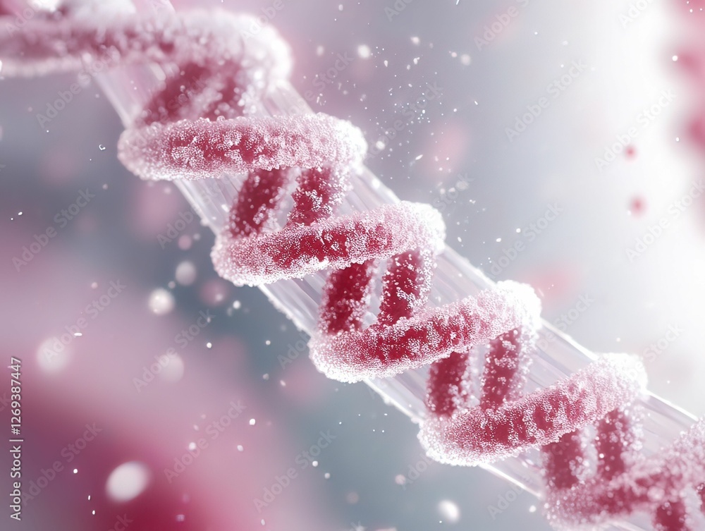 Poster a close-up visualization of a dna double helix, showcasing intricate details and a pinkish hue, surr