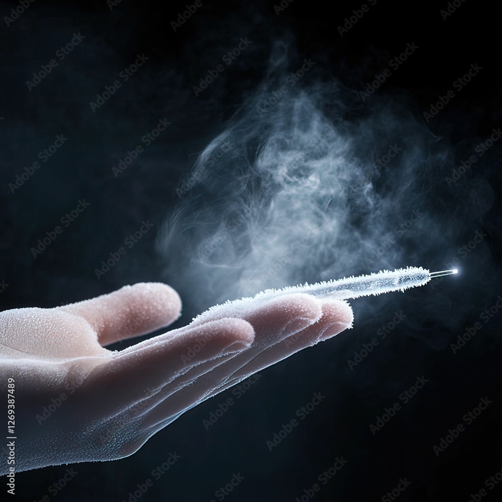 Poster a hand holds a frosty object emitting vapor against a dark background, creating a mysterious and eth