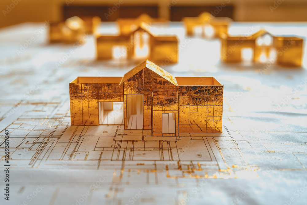 Poster model of a house placed on a detailed architectural blueprint with measurements and design elements