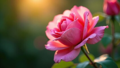 Delicate pink rose petals unfold in morning light, soft focus, rose