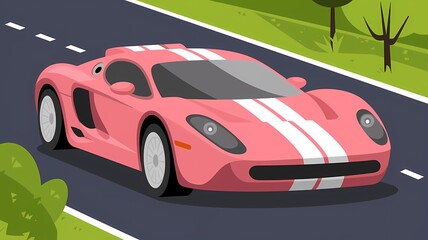 Illustration of a Cute Super Car with Bright Pink Exterior and White Stripes Parked on a Road with Trees in the Background in Flat Design Style