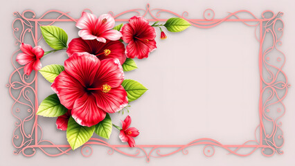 Tropical Coral Border with Hibiscus Flowers and Soft Green Leaves for Vibrant Designs