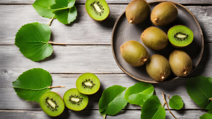 The table is adorned with fresh kiwi and lush green leaves, embodying a rustic style. This top view emphasizes the fruits and offers a blank area for text