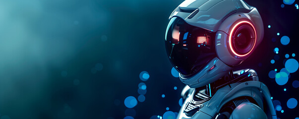 Fototapeta premium AI robot with holographic projections, touching its finger to the side on a dark blue background 