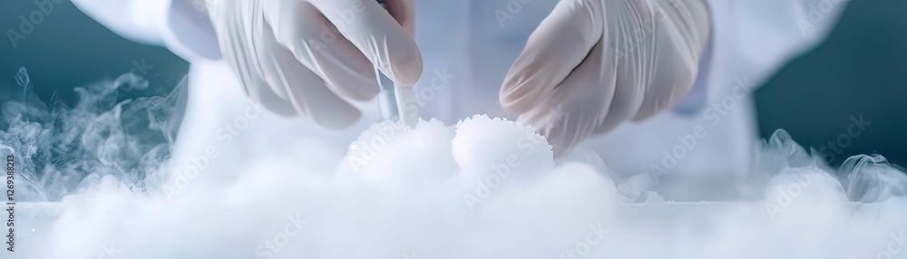 Poster a scientist with gloved hands is handling an object amidst a cloud of vapor, likely involving liquid
