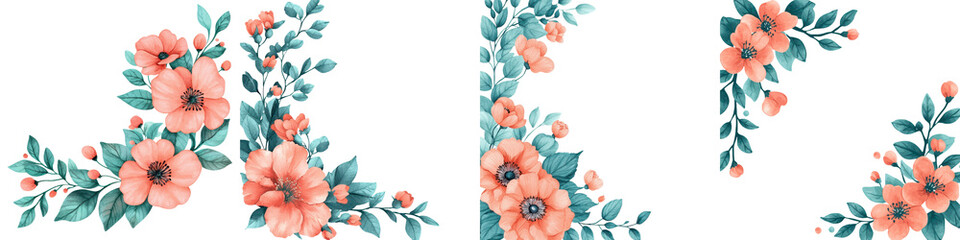 Vibrant watercolor floral bouquet with delicate botanical elements including pink coral and teal flowers leaves and branches arranged in a feminine composition  Perfect for elegant design background
