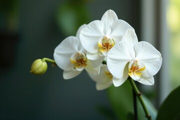 Delicate white Phalaenopsis orchid blooms on a slender stem, botanical, simple