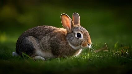 Fototapeta premium Whispering Wilds – A small rabbit with soft brown and gray fur rests in a lush meadow, bathed in warm sunlight and gentle breezes.