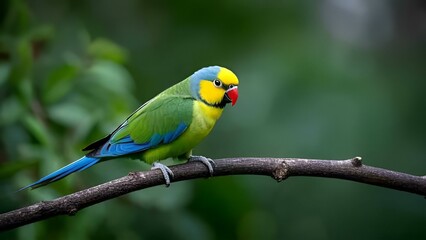 Obraz premium Jungle Jewel – A striking parrot with a red beak and vibrant plumage sits on a textured branch, its feathers glowing in diffused light.