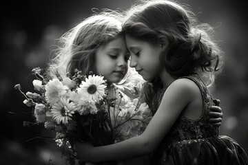 Intimate Embrace: Two young girls, their foreheads touching, share a moment of pure tenderness and love, a beautiful black and white portrait that evokes a sense of innocence and closeness.