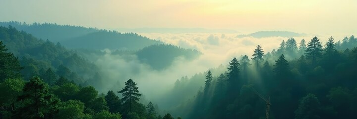 Obraz premium Dense forest mist swirls around towering trees, crane, harvesting, mist
