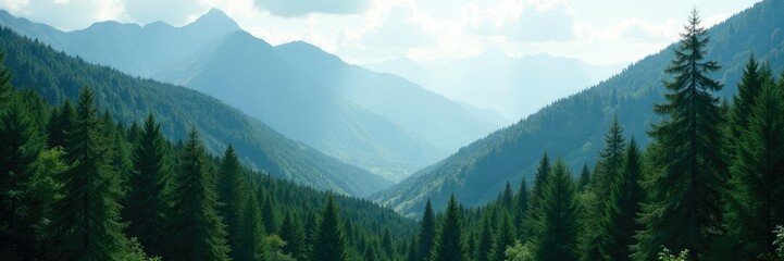Fototapeta premium Dense forest with towering trees in the mountains, dense, landscape, scenery