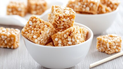 Sweet crispy treats in bowls, kitchen setting, food photography for recipe blogs