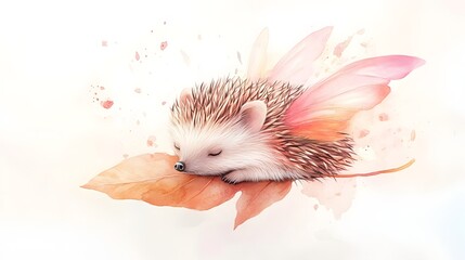 Dreamy Watercolor of Fluffy Hedgehog with Pastel Wings Resting on Floating Leaf