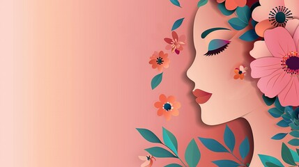 Beautiful Paper Art-Style Illustration of Woman's Face with Flowers and Leaves on Pink Background with Copy Space for Text, High-Resolution and Colorful Design