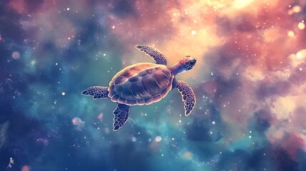 Obraz premium Glowing Watercolor Sea Turtle Floating in Magical Ocean Scene