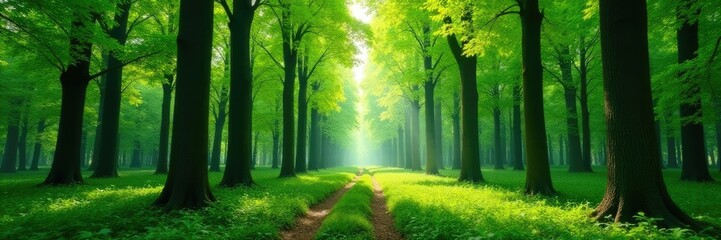 Obraz premium Forest of tall trees with slender trunks and leaves, greenery,