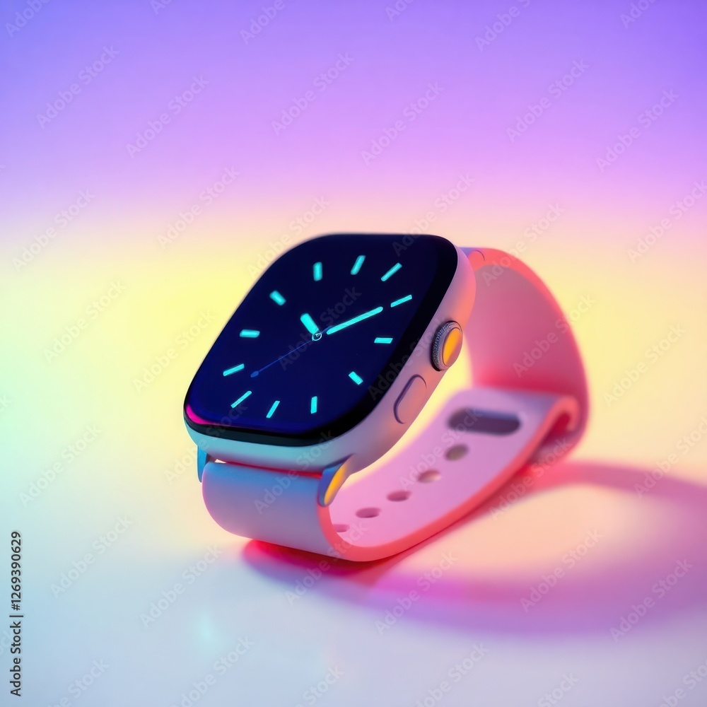 Poster smartwatch displaying the time with a sleek design and vibrant colors, showcasing technology and mod