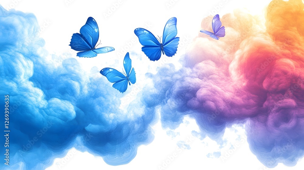 Sticker blue butterflies fly in the sky, surrounded by white clouds