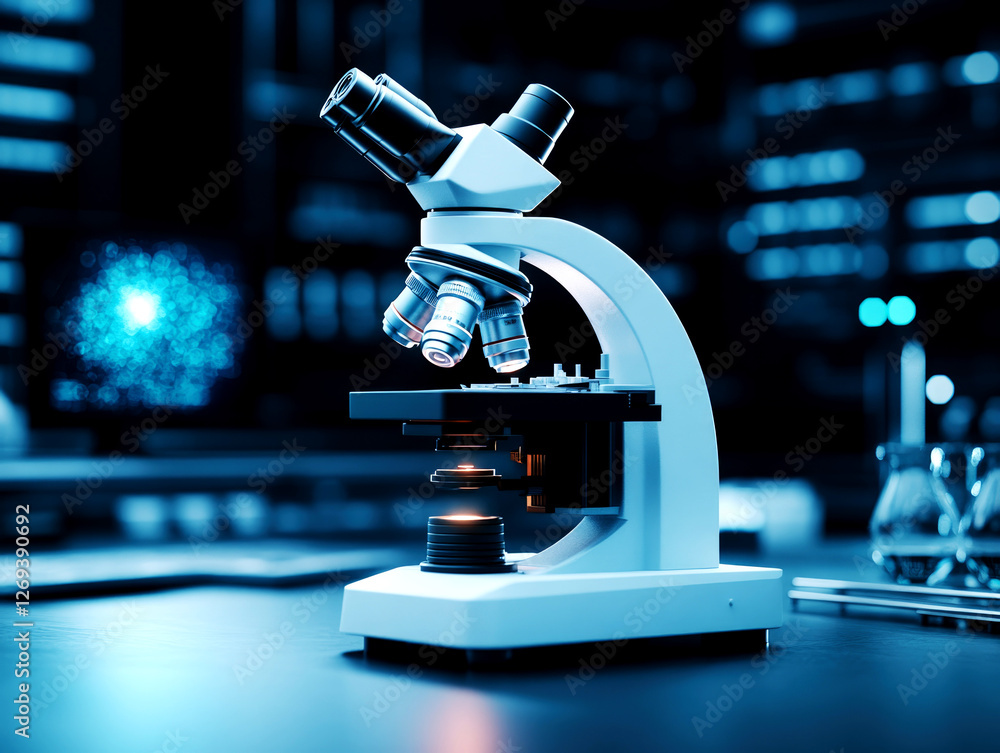 Poster microscope in action advanced laboratory research techniques high-tech environment close-up viewpoin