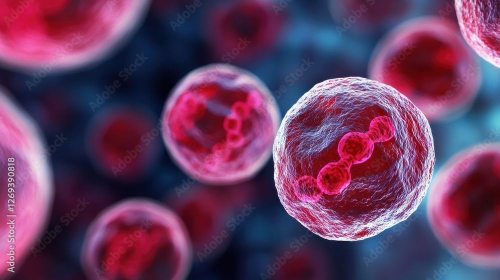 Poster a vibrant digital rendering of cells showcasing intricate details, with a focus on colorful structur