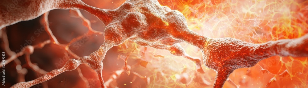 Poster a close-up view of interconnected neural cells, showcasing intricate details and vibrant colors, rep