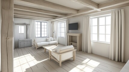 Obraz premium Bright and Spacious Living Room with Exposed Wood Beams and Natural Light