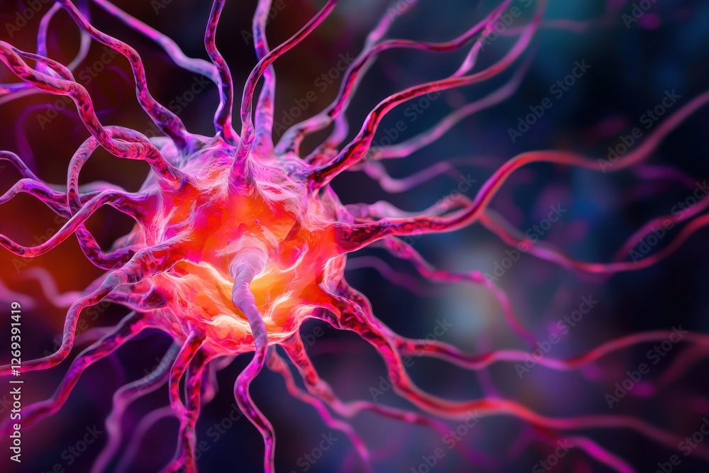 Poster a vibrant, close-up view of a neuron, showcasing its intricate structure with colorful extensions ra
