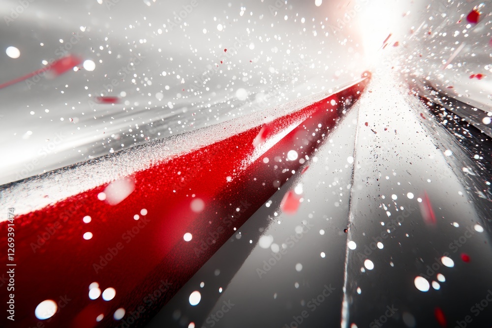 Poster dynamic red and white splashes on dark background with light burst