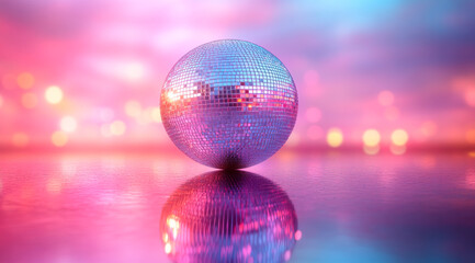 Obraz premium Colorful disco ball shining. A disco ball glistens under colorful lights, casting bright reflections on a smooth surface during a lively atmosphere.