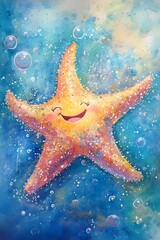 Cheerful Chubby Starfish Surrounded by Playful Bubbles in Pastel Watercolor