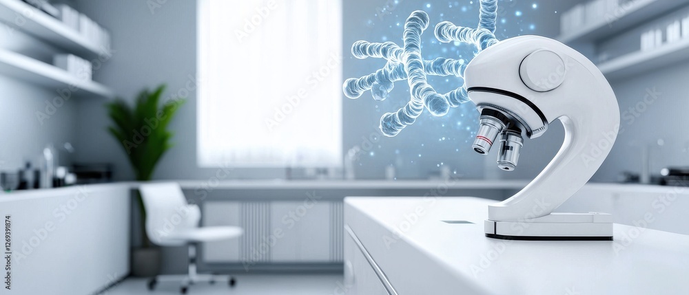 Poster a sleek laboratory with a white microscope and digital graphics of molecules, emphasizing modern sci