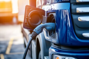 Electric truck charging station with power connector and sunlight