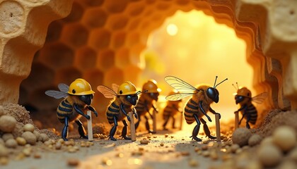 Bees working in a honeycomb with helmets and tools in a whimsical style.