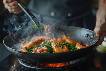 Chef stir frying shrimp in wok over open flame