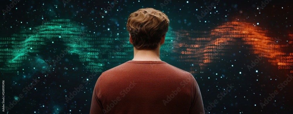Poster a person stands in front of a colorful digital display, with green and orange wave patterns against 