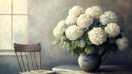 Hydrangea Blooms Still Life with Chair and Window Light Softly Painted in a Sombre Scene