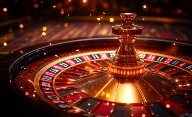 Nighttime elegant roulette wheel. A close-up of a roulette wheel featuring dazzling reflections, set against a backdrop of vivid gaming lights.