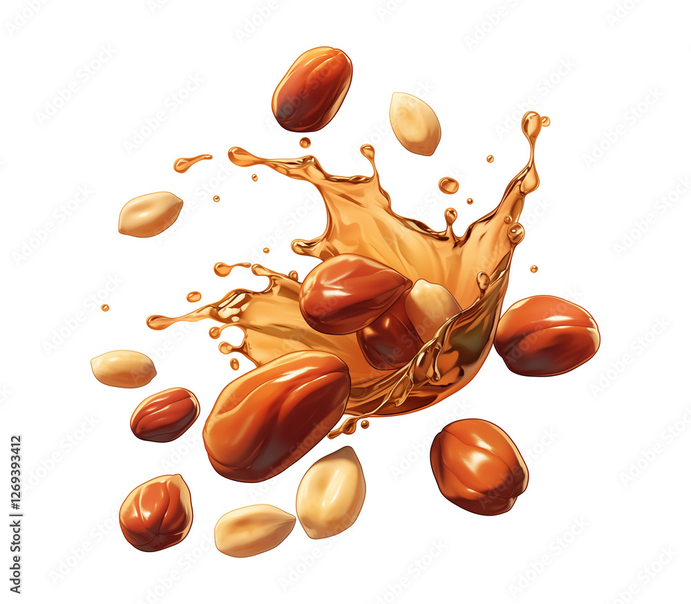 Aufkleber Peanuts and caramel splash in dynamic motion, creating lively scene