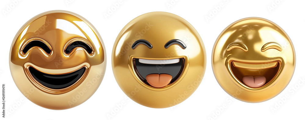 Poster three golden emojis with joyful expressions isolated on transparency background