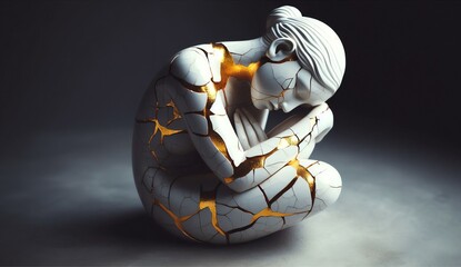 Kintsugi Serenity – Porcelain Human Figure with Golden Cracks in a Contemplative Pose