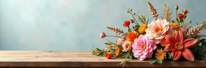Neutral-toned wooden bench with dry floral arrangement, unique, flowers