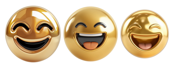 Three golden emojis with joyful expressions isolated on transparency background