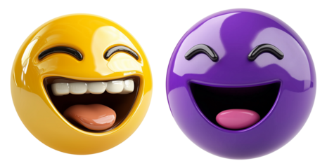 Two colorful 3D laughing emojis, one yellow and one purple, isolated on white